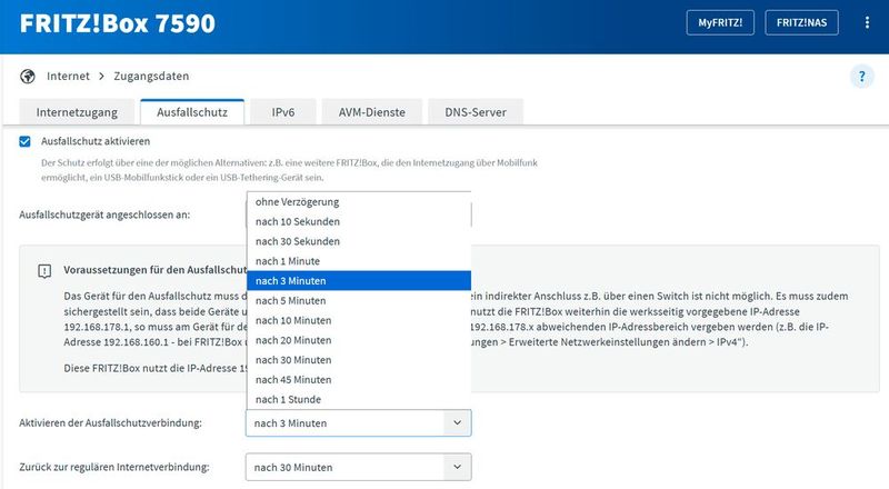 Der Ausfallschutz bietet verschiedene Zeitlimits. (Bild: Joos | Fritzbox)