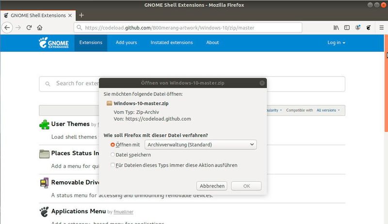 Das Windows 10-Theme und die dazugehörigen Icons werden als Archiv heruntergeladen. (Joos / Ubuntu / Gnome)