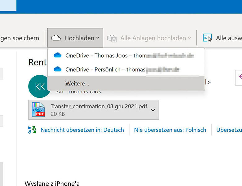 Empfangene Dateianhänge lassen sich aus Outlook heraus direkt in OneDrive speichern. (Joos)