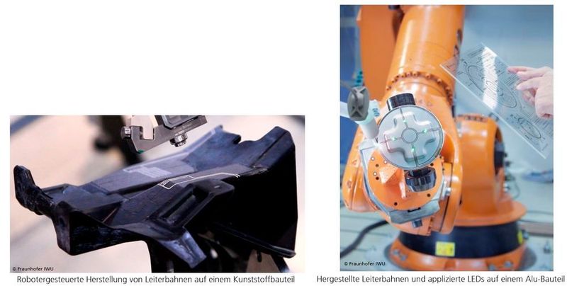 Durch eine robotergesteuerte Drucktechnologie können Leiterbahnen auf 3D-Objekten hergestellt werden. 
 (© Fraunhofer IWU)