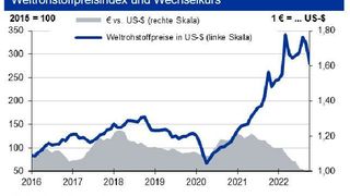 Auch im November sinken die Rohstoffpreise. (Quellen:HWWI; Deutsche Bundesbank)