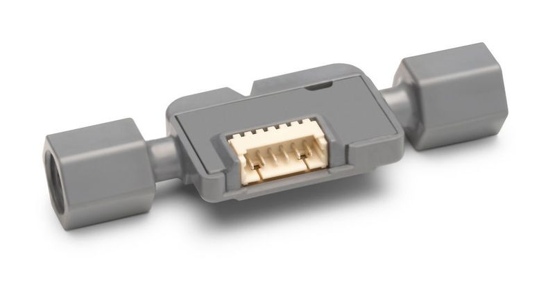 The SLF3S-1300F liquid flow sensor optimises costs by simplifying the design without sacrificing the easy fluidic, electrical and mechanical connections.  (Sensirion)