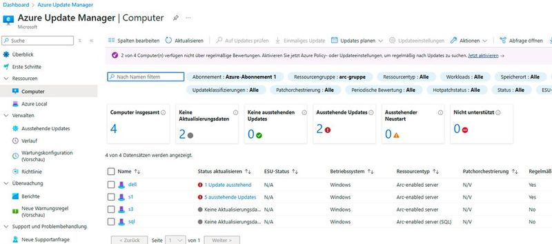 Verwalten der an Azure Update Manager angebundenen Computer. Auch hier sind fehlende Updates schnell zu erkennen. (Bild: Joos)