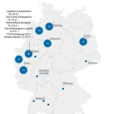 Logistik-Hotspots 2026. In Dortmund finden deutschlandweit mit sechs Veranstaltungen die meisten Logistikevents statt. (Bild: Eigene Darstellung mit Datawrapper)