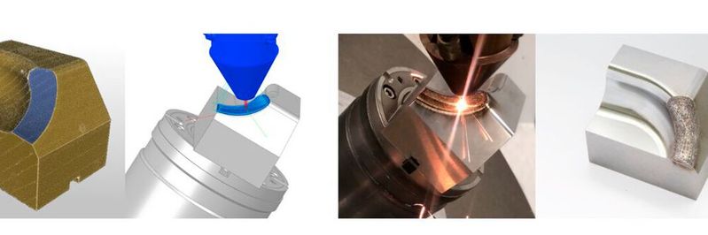 Die additive, adaptive Reparaturprozesskette am Beispiel eines Demonstrators: Verarbeitung und Parametrisierung der Scan-Daten, Generierung und Auftragsimulation der Schweißbahnen, Reparaturschweißung mittels LP-DED und das eparierte Bauteil vor dem Rekonturieren und Polieren.(Bild:  Fraunhofer-IPK)