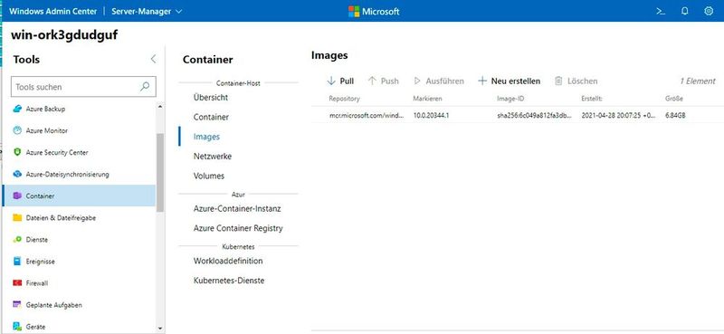 Container lassen sich auch in „Windows Server 202“2 im „Windows Admin Center“ verwalten. (Bild: Joos / Microsoft)