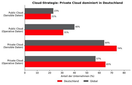 Mehr deutsche Unternehmen nutzen die Private Cloud für operative Daten verglichen mit dem globalen Durchschnitt.(Bild:  Thomas Schumacher)