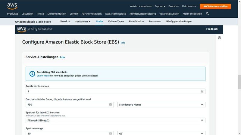 Abbildung 5: Für den Service Elastic Block Store bietet AWS einen Preisrechner an. (Matzer/Amazon (Screenshot))