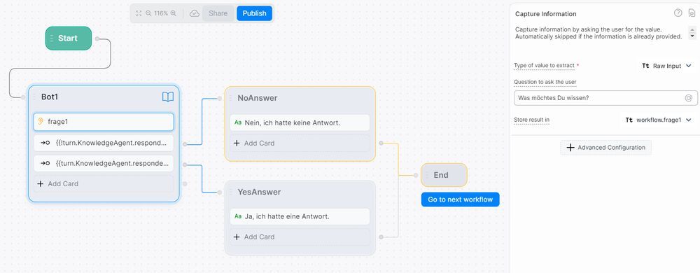 Erster Prototyp des Botpress Chatbot: Logik und KI-Fähigkeiten