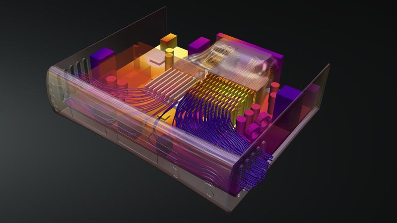 Rendering eines Elektronikgehäuses mit Infrarot-Wärmeprofil und Flusslinien (Konstruktion mit «Autodesk Inventor», Simulation in «Autodesk Simulation CFD»). (Bild: Autodesk)