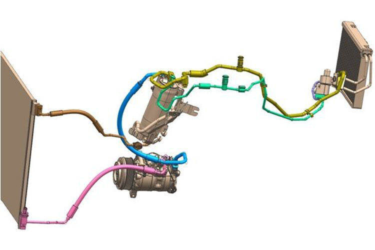 Preisträger in der Kategorie „OE Products“: die Klimaanlage R-744 von Valeo. Das System arbeitet mit dem natürlichen Kältemittel CO2 und verzichtet auf chemische Bestandteile. Anders als bei konventionellen Anlagen ersetzt Valeo den Kondensator durch einen Gaskühler. Um die Sicherheit zu gewährleisten, setzt der Hersteller auf höchst druckbeständige Komponenten und die Absicherung durch Überdruckventile und CO2-Sensoren. Laut Herstellerangaben handelt es sich bei der R-744 um eine Weltneuheit. (Valeo)