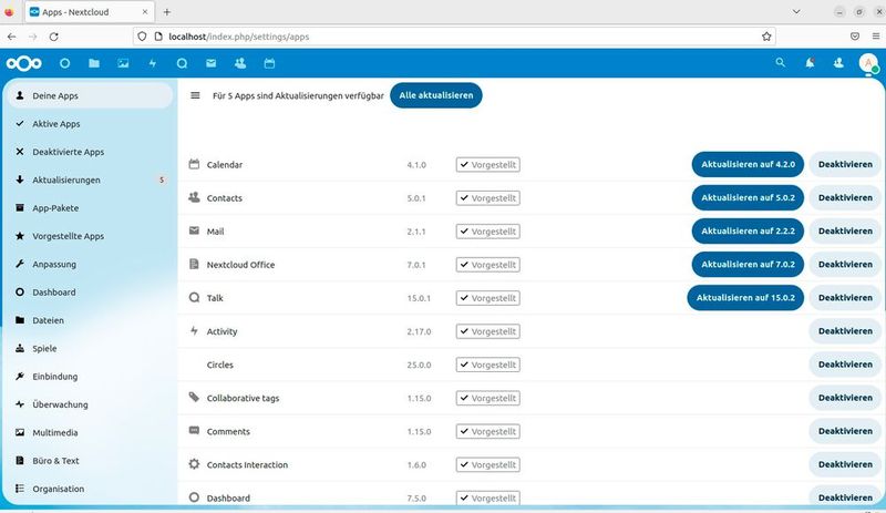 In den Apps von Nextcloud sollten nicht notwendige Apps deaktiviert, notwendige aktiviert und aktivierte Apps aktualisiert werden. (Bild: Nexcloud - Joos)