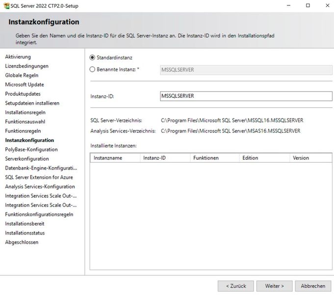 Instanz für die Installation von SQL Server 2022 festlegen und Programmverzeichnisse überprüfen.  (Bild: Joos (Screenshot))