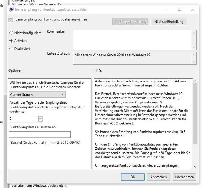 In Windows 10 lassen sich Funktionsupdates und Qualitätsupdates zurückstellen. Die Einstellungen dazu sind in den Gruppenrichtlinien zu finden. (Joos / Microsoft)
