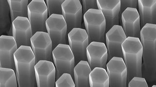 Nanodrähte aus Germanium-Silizium-Legierung mit hexagonalem Kristallgitter können Licht erzeugen. Sie ließen sich direkt in die gängigen Prozesse der Silizium-Halbleitertechnik integrieren. (Elham Fadaly / TU/e)