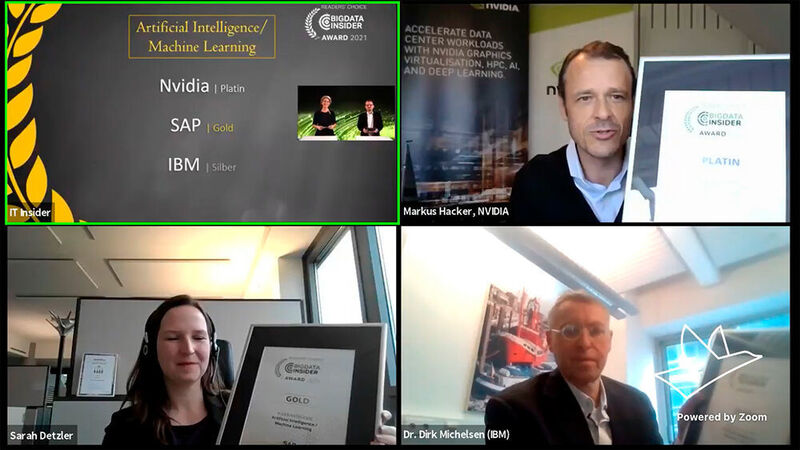 Kategorie Artificial Intelligence / Machine Learning: Markus Hacker freut sich über den Platin-Award für NVIDIA. Gold geht an SAP, vertreten durch Sarah Detzler. Silber geht an die IBM, vertreten durch Dr. Dirk Michelsen.  (Vogel IT-Medien)
