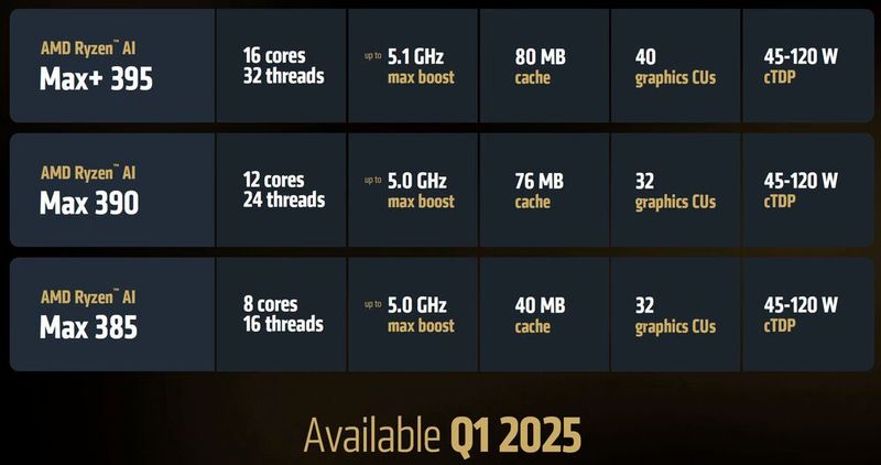 Die Strix-Halo-Familie besteht aus drei Modellen mit 8, 12 oder 16 Zen-5-Cores. (Bild: AMD)