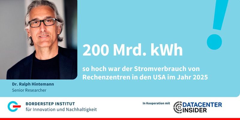 Der Energiebedarf von KI-Fabriken  Der Stromverbrauch von Rechenzentren erreicht neue Dimensionen  200 Milliarden Kilowattstunden – in dieser Größenordnung lag der Stromverbrauch von Rechenzentren in den USA im Jahr 2025. Das ist dreimal so hoch wie noch im Jahr 2010.    Man braucht zehn mittelgroße Kernkraftwerke, um diese Strommenge zu erzeugen. Und bis 2030 könnte der Verbrauch beim weiteren Ausbau von KI-Rechenzentren auf über 500 Milliarden Kilowattstunden steigen. Rechenzentren würden dann mehr als 10 Prozent des gesamten Stroms in den USA verbrauchen.   Weitere Informationen:    1. „Berkley Lab - 2024 United States Data Center Energy Usage Report“   2. „EPRI -Powering Intelligence: Updated U.S. Data Center Scenarios“ (Bild: Borderstep Institut)