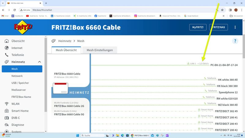 Die Fritzbox 6660 erkannte das Telekom Glasfaser-Modem 2 am WAN-LAN-Port mit 2,5 Gigabit. (Bild: Harald Karcher)