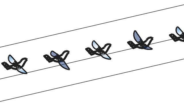 In dieser computergenerierten Flugsequenz schlagen die Flügel des Ornithopters ohne Getriebe oder Motoren – angetrieben werden sie stattdessen von dünnen piezoelektrischen Aktuatoren, die die gesamte Struktur in Schwingung versetzen.(Bild:  Bilgen Lab)