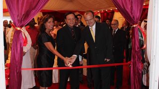 Ribbon-cutting at the new RMA plant: The launch was attended by H.E. Dr. Hassan Fakhro, Minister of Industry and Commerce, Sabine Taufmann, Ambassador of the Federal Republic of Germany to the Kingdom of Bahrain and Andreas Truttenbach, Chief Executive Officer of RMA. (Picture: RMA)