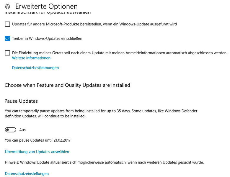 In Windows 10 Creators Update stellt Windows 10 weitere Funktionen zur Steuerung von Updates zur Verfügung. So lassen sich Updates bis zu 35 Tage verzögert installieren. (Joos / Microsoft)