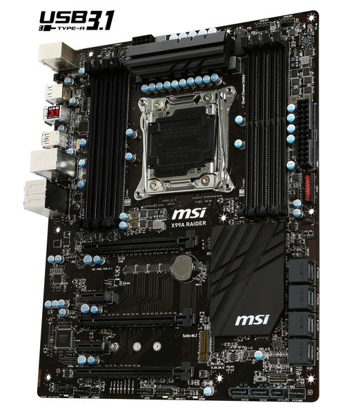 Das MSI X99A Raider gehört zur etwas günstigeren Classic-Serie von MSI. Aber auch diese Sockel-2011-3-Platine ist mit USB 3.1, M.2-Steckplatz für PCIe-SSDs und einer Fülle weiterer Schnittstellen ausgestattet. (MSI)
