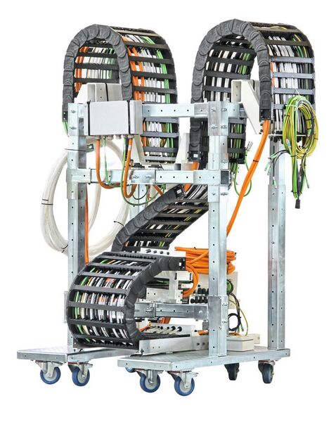 1995: Das modulare Transport- und Montagegestell für konfektionierte readychain-Energieketten von igus lässt sich innerhalb eines Werktages individualisieren. Damit sind enorme Einsparungen bei den Prozesskosten möglich.  (Igus GmbH)