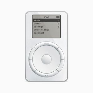Der erste iPod, der am 23. Oktober 2001 vorgestellt wurde, war ausgestattet mit einem Drehrad und einem Auswahlknopf in der Mitte, um schnell durch die bis zu 1.000 Songs große Musikkollektion zu scrollen. (Bild: Apple)