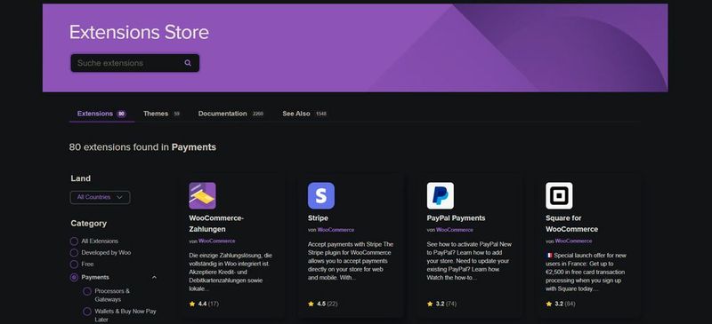 Im Extentions-Store von WooCommerce finden sich allerhand Möglichkeiten zur Integration von Bezahldiensten. Im Extentions-Store von WooCommerce finden sich allerhand Möglichkeiten zur Integration von Bezahldiensten.