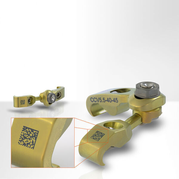 Titan-Implantat für Wirbelsäulenversteifungen mit Laserbeschriftung. (Foba Laser Marking)
