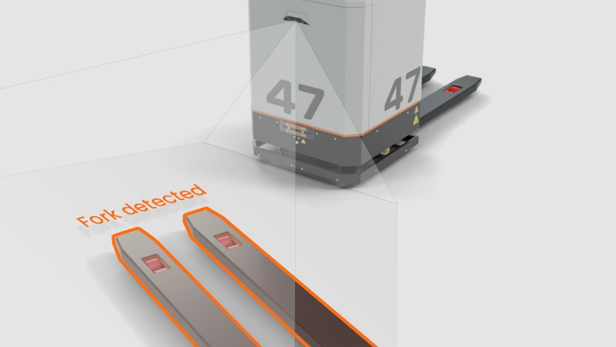 Die innovative, KI-basierte Gabelerkennung erkennt und umfährt Staplergabeln und ist robust gegenüber Bodenunebenheiten.(Bild: Pixel Robotics)