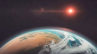 Ein Planet kreist in dieser künstlerischen Darstellung um einen Roten Zwergstern. Wenn die Konstellation günstig ist, und das Sternenlicht die Atmosphäre des Planeten passiert, lassen sich mittels empfindlichen Messinstrumenten Rückschlüsse auf die Zusammensetzung der Atmosphäre ziehen. (Symbolbild) (Bild: ideogram.ai / KI-generiert)