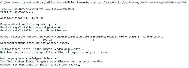 Mit einem Befehl in der Befehlszeile kann die Edition von Windows Server 2016 gewechselt werden. (Joos / Microsoft)