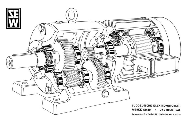 Skizze der 1960er: Schnittzeichnung eines Getriebemotors.  (SEW-Eurodrive)