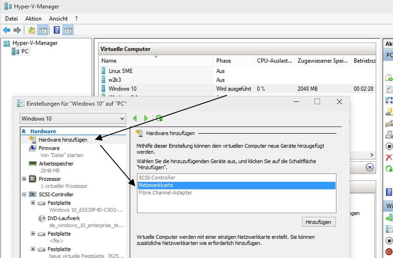 Abbildung 5: Bei den neuen VMs können Sie jetzt auch im laufenden Betrieb virtuelle Netzwerkkarten hinzufügen. Dies war bis Windows 8.1/Windows Server 2012 R2 nur im ausgeschalteten Zustand möglich. (Bild: Joos)