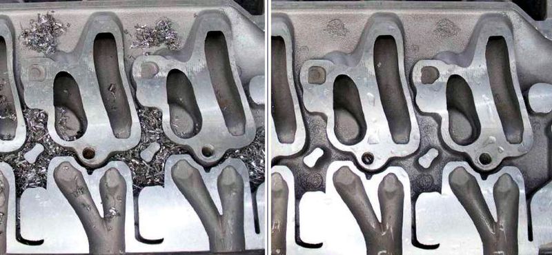 Bild 1: Die Span- und Gratentfernung in geometrisch komplexen Kühlwasserkanälen erfordert viel technisches Know-how (links), um gute Ergebnisse zu erzielen (rechts).  (Bild: Piller)