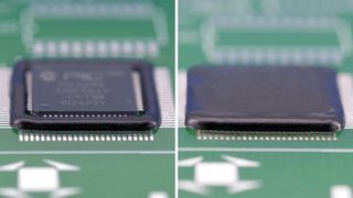 Panacol hat neue Hochleistungs-Klebstoffe für Frame- (links) und Fill-Prozesse (rechts) auf Leiterplatten entwickelt. Diese Maßnahme schützt die Bauteile vor äußeren Einflüssen. Das geht jetzt noch besser. (Panacol)