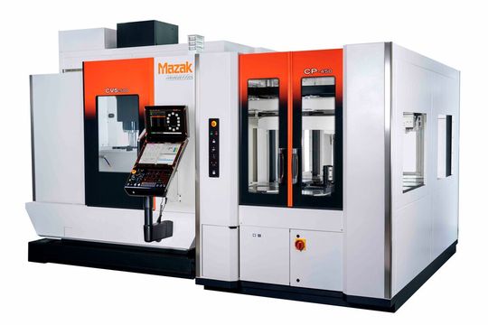 Mazak’s new CP-450 automation system integrated with a CV5-500 machining centre.(Source:  Mazak)