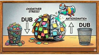 Im alternden Gehirn hemmt oxidativer Stress die Aktivität von Deubiquitylasen, die für die Regulierung des Proteinabbaus wichtig sind. Ubiquitin-Markierungen an Proteinen können daher nicht mehr effizient entfernt werden. Das Gute ist, dass ist reversibel (Bild: Gemini / Bild: FLI / Kerstin Wagner; KI-generiert mit Google Gemini / KI-generiert)