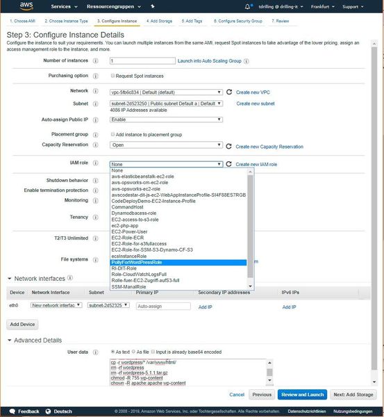 Mit dieser IAM-Rolle und den genannten User-Daten lässt sich nun die EC-Instanz erstellen.  (Drilling / AWS)