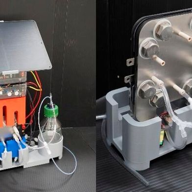 The artificial photosynthesis system produces formic acid from carbon dioxide and water. The right image shows the group’s unique electrolyzer.
 (Source: Osaka Metropolitan University)