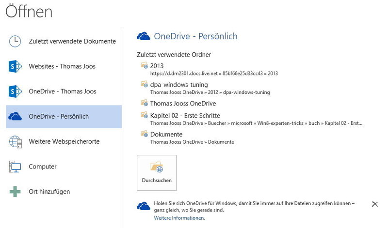 In Office 2013-Programmen können Anwender Dokumente aus SharePoint und OneDrive oder OneDrive for Busines speichern und öffnen. (Bild: Microsoft / Thomas Joos)