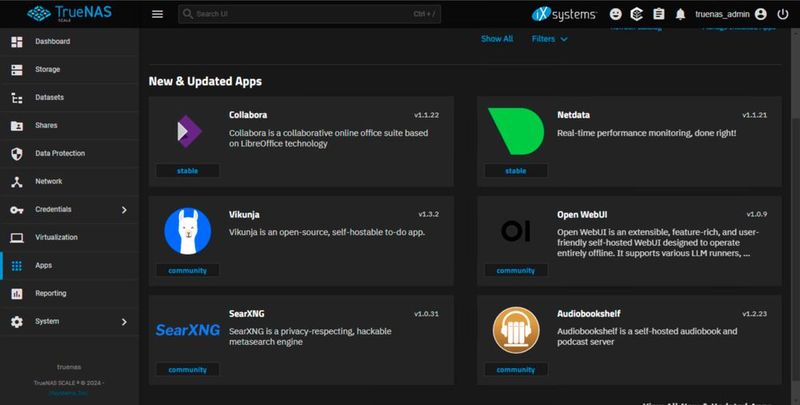 TrueNAS Scale von iXsystems bindet Apps wie Collabora, Netdata oder Vikunja in den Speicher-Stack ein und zeigt die Verlagerung des Herstellers vom FreeBSD-basierten Core hin zur Linux-Plattform. (Bild: Joos – iXsystems)