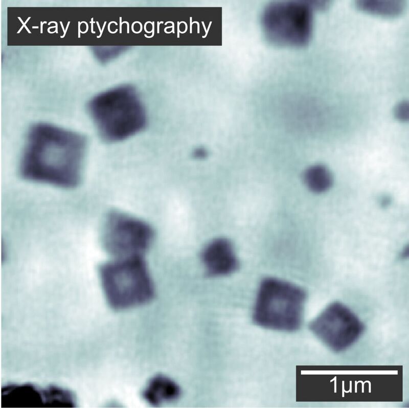 Die Röntgen-Ptychographie der Kupfer-Nanowürfel erreicht zwar nicht dieselbe Auflösung wie die REM-Aufnahme, mit ihr lässt sich jedoch das Wachstum der Nanopartikel im Reaktor live verfolgen.