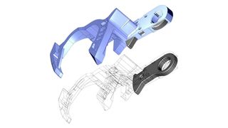 Für dieses rund 70 mm lange und nur 13 Gramm leichte Hybrid-Bauteil einer Kfz-Heckschließanlage, bei der Lüttgens ein Metall-Feinstanzteil mit einem hoch glasfaserstärkten Polyamid umspritzt, hat das Unternehmen auch das Werkzeug und die Handlingeinrichtung entwickelt und gebaut. (Bild: Lüttgens)