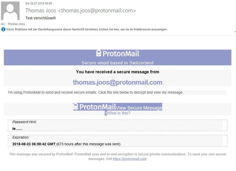 Verschlüsselte E-Mail, die ein Empfänger von ProtonMail erhält. (Th. Joos)