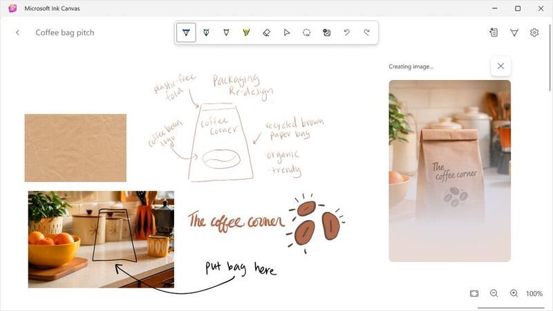 Auf dem Surface Pro 12 Zoll ist mit Microsoft Ink Canvas eine neue, KI-unterstützte App für Notizen und Zeichnungen vorinstalliert. Sie kann unter anderem aus Skizzen Bilder generieren und in bestehende Fotos einbauen. (Bild: Microsoft)