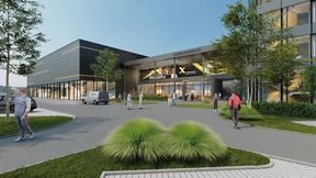 Rendering des neuen Jungheinrich Experience Center (JEC). An das Präsentationszentrum in Moosburg schließt sich ein mehrgeschossiges Bürogebäude an. (Bild: Jungheinrich)