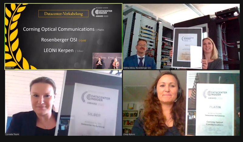 In der Kategorie Datacenter-Verkabelung derIT Awards bekommt Leoni Kerpen, im Bild ist Cornelia Thurm zu sehen, den Silberpreis. Rosenberger OSI holt sich Gold ins Haus, das nimmt Bettina Missy entgegen, und Corning Optical Communications belegt in der Lesergunst Platin. Hier hält Cindy Ryborz den Preis in den Händen.  (Bild: Vogel IT-Medien)